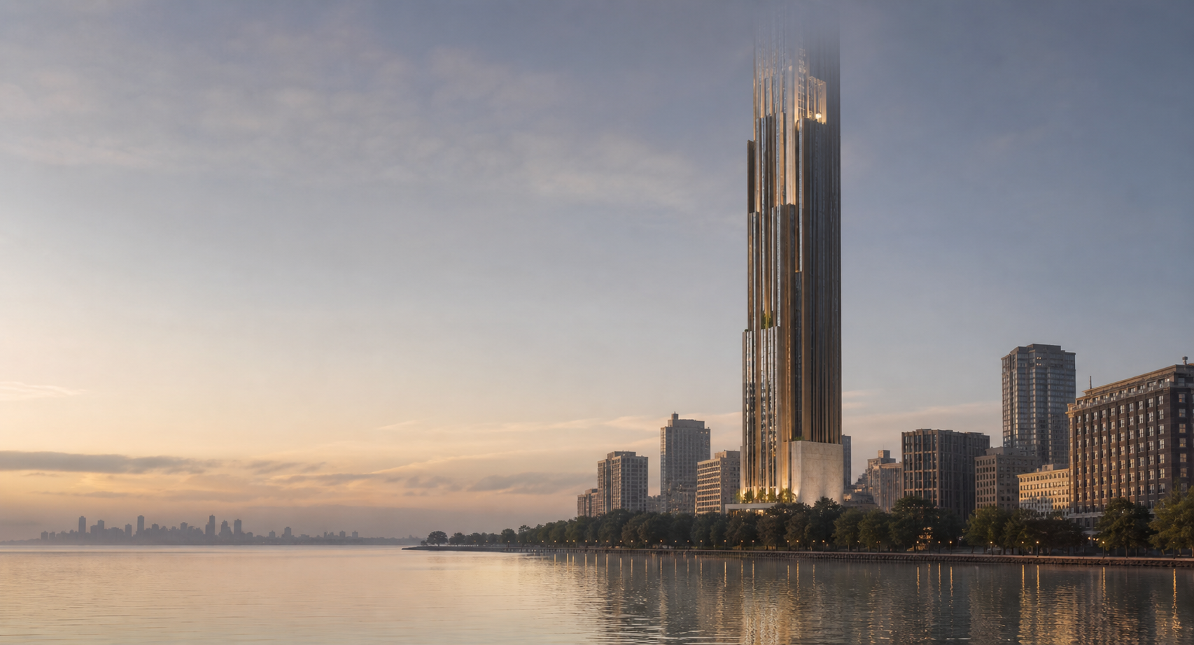 Original fictional bronze-toned tower beside a freshwater lake at dawn