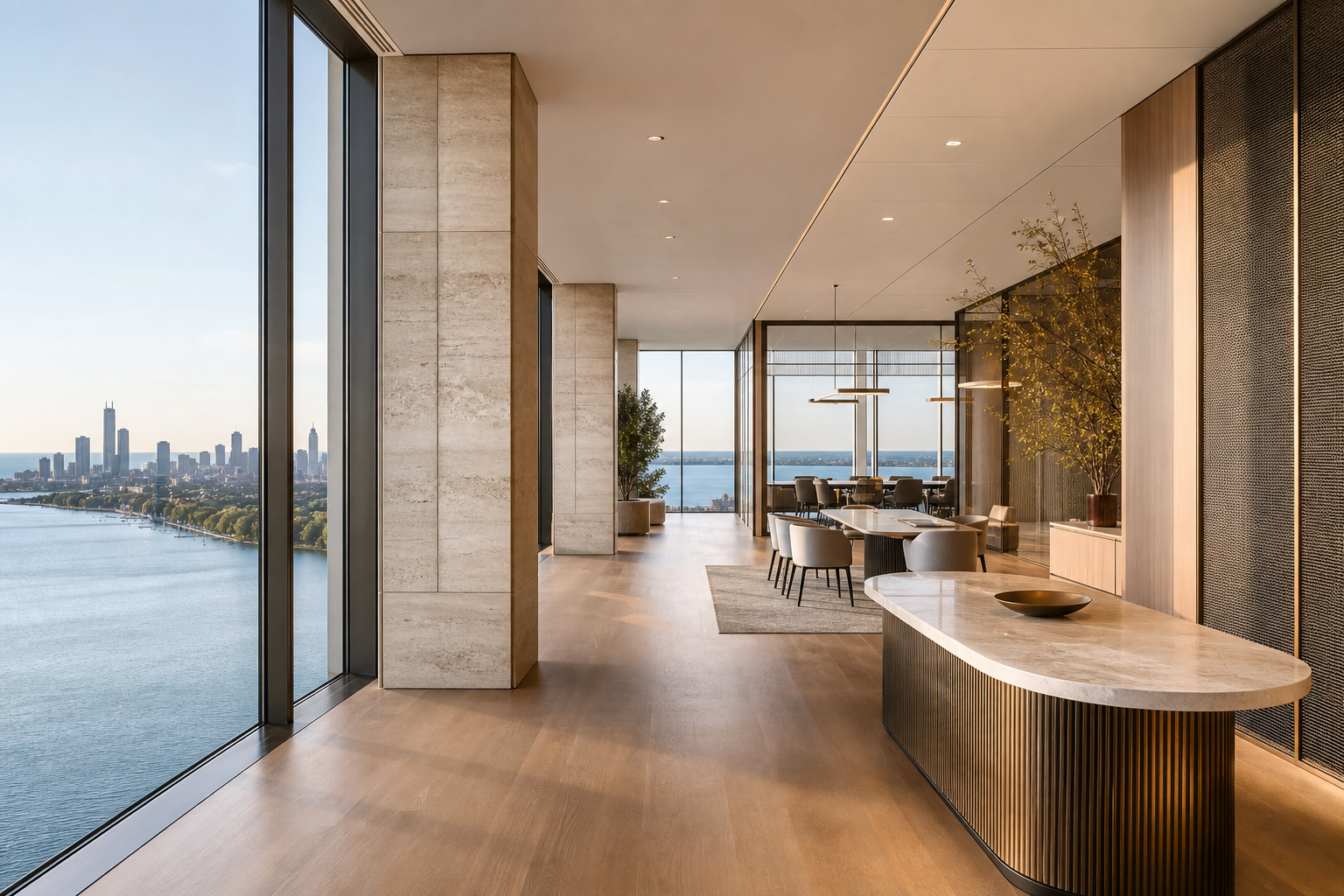 Original fictional lakefront workplace interior with warm stone and flexible meeting areas